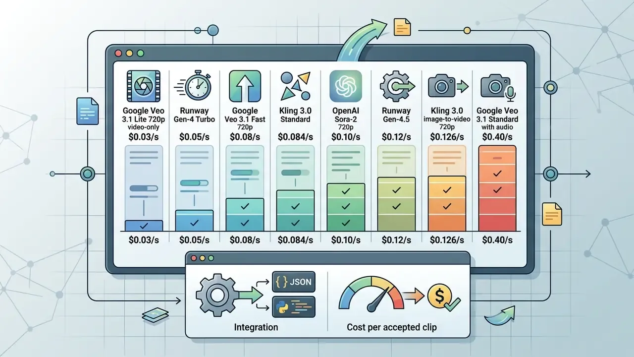 Bar chart showing per-second pricing for various AI video models alongside integration and cost metrics
