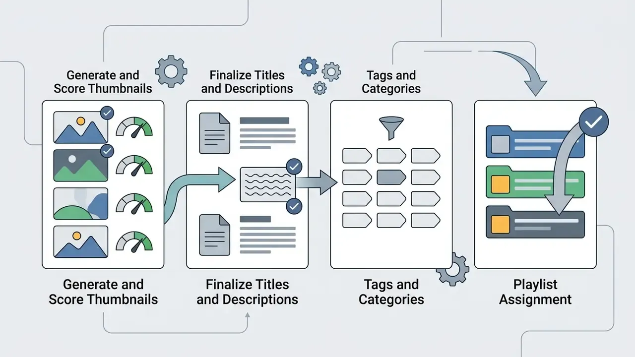 Sequential workflow for thumbnail scoring, metadata finalization, tag filtering, and playlist organization