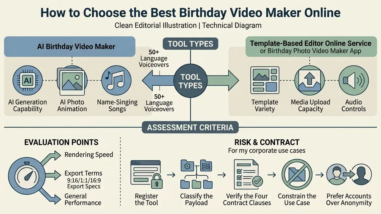 Diagram comparing AI and template-based birthday video maker tools alongside corporate assessment criteria