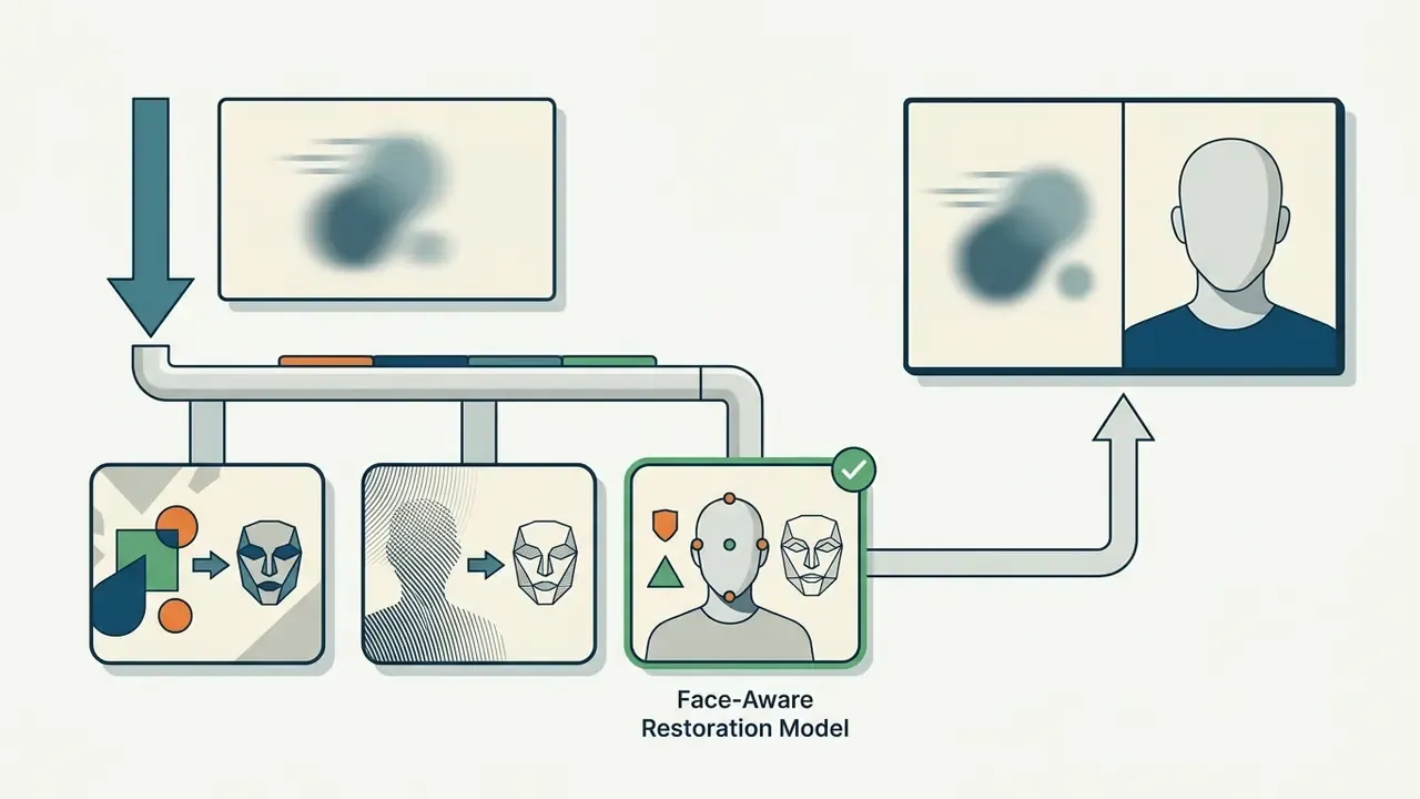 Process diagram showing how facial priors transform blurry input into a clear human portrait