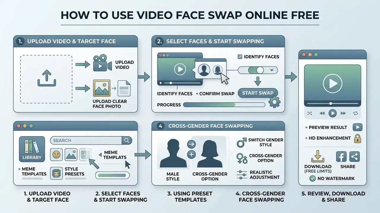 Step-by-step infographic showing how to use video face swap online free by uploading, selecting, and sharing