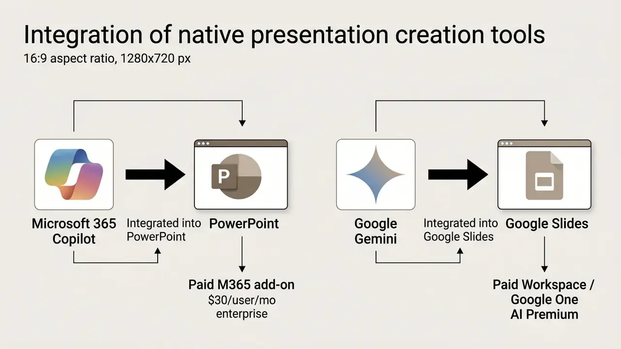 Diagram comparing Microsoft 365 Copilot and Google Gemini integration into presentation software