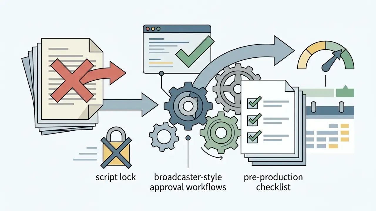 Rejected draft documents moving through gears toward a pre-production checklist and approval gauge