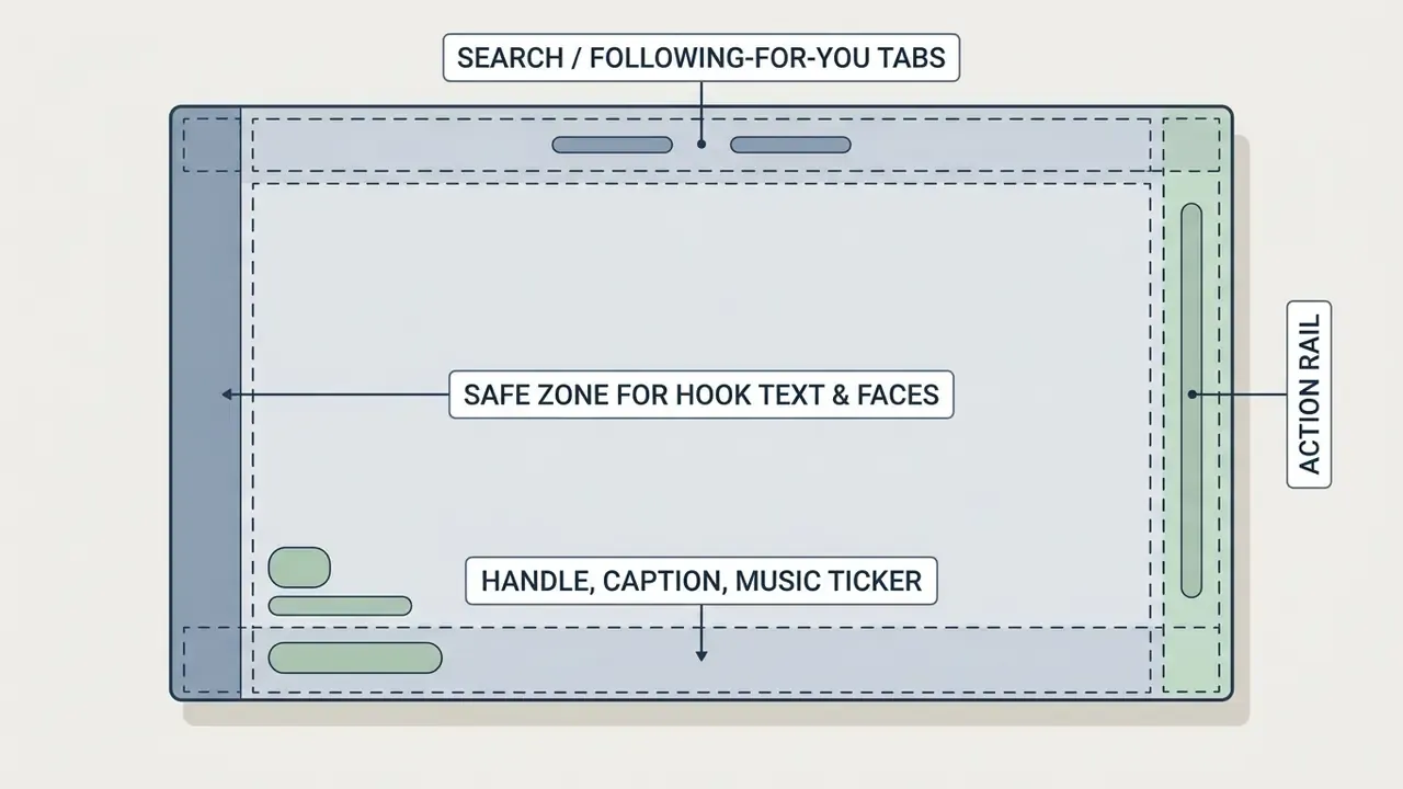 Diagram showing the safe zones and interface elements for a vertical TikTok video layout