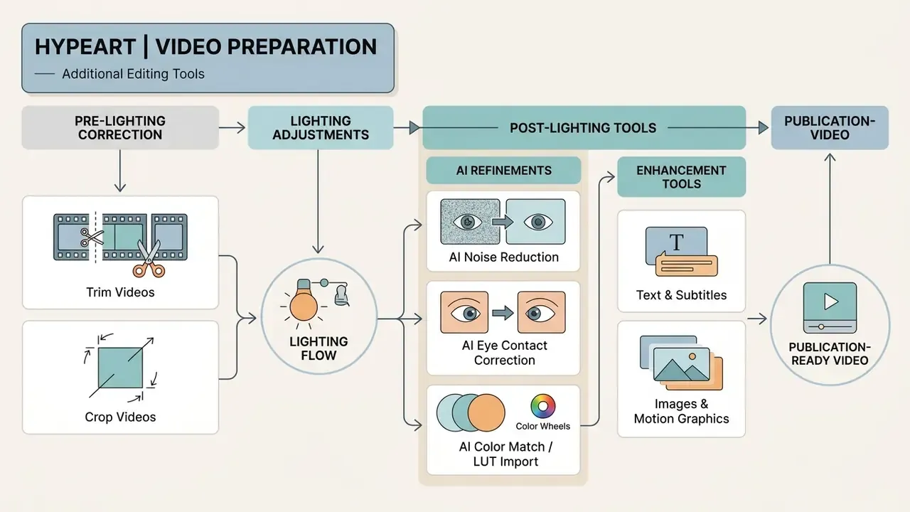Flowchart outlining video preparation steps including trimming, cropping, AI refinements, and enhancements