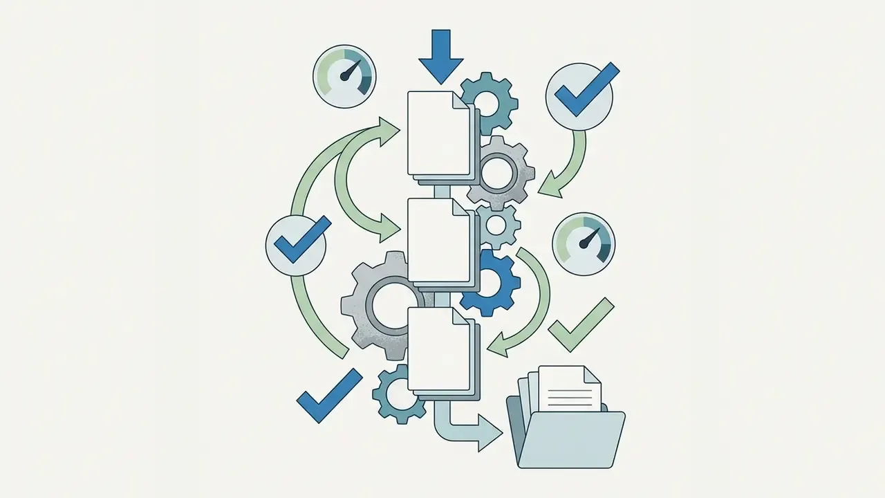 Stacked documents moving through a gear mechanism with checkmark and gauge icons for file processing