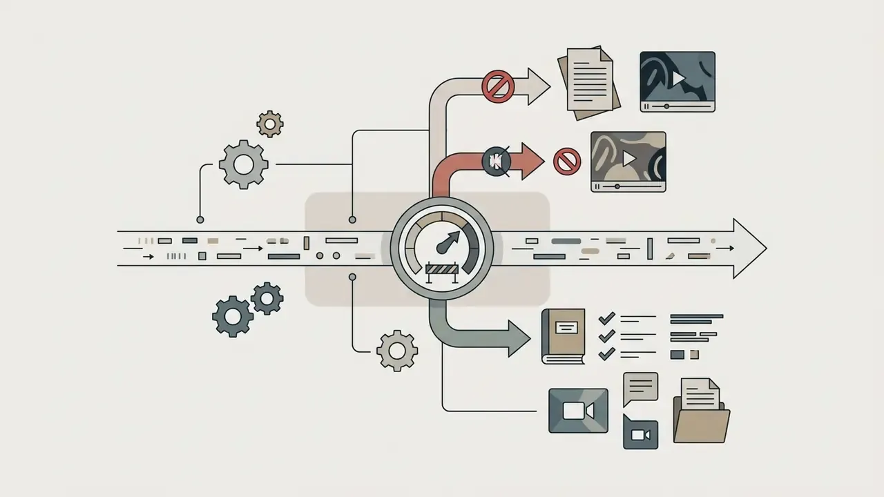Data stream passing through a central control gauge that filters approved and blocked media exports