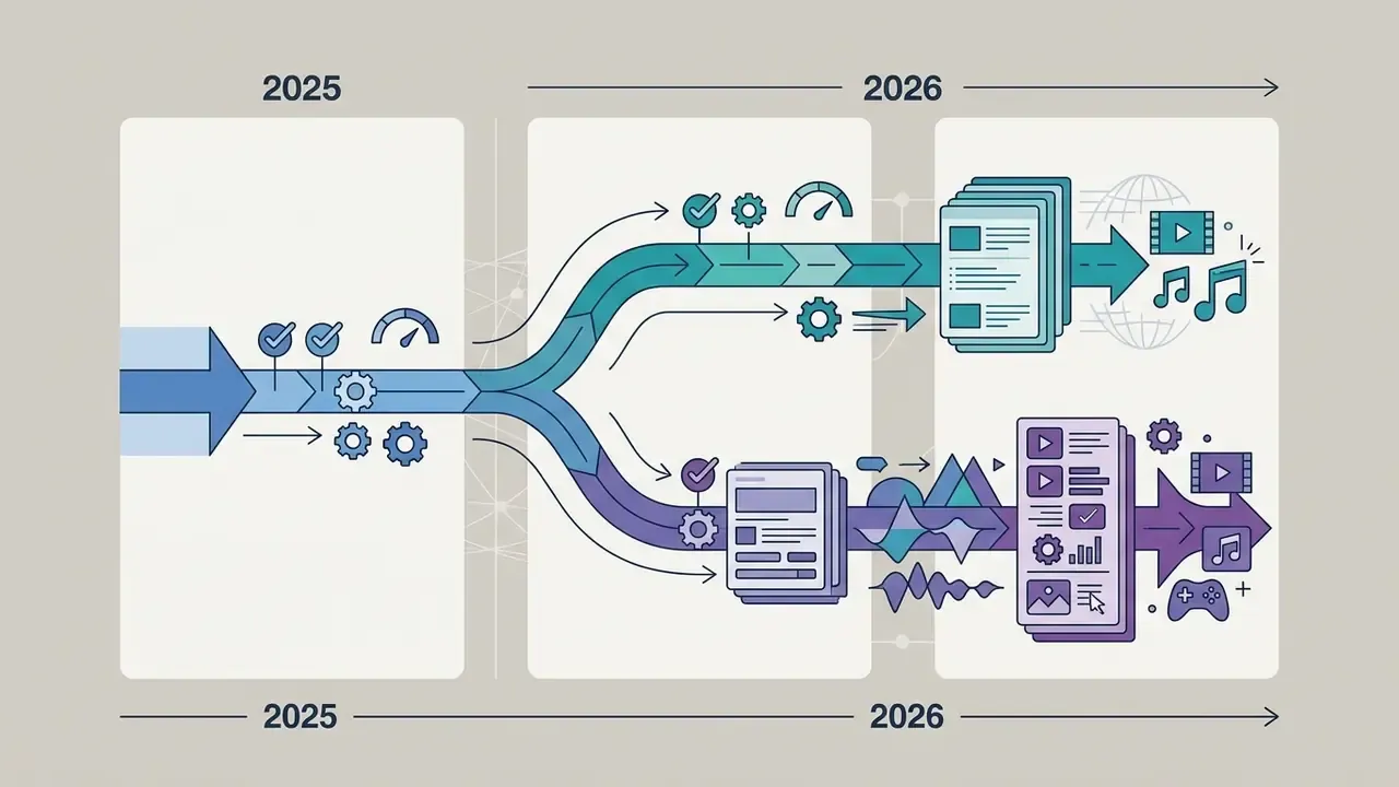 Split path showing video model evolution from 2025 to 2026 with document inputs and media output icons