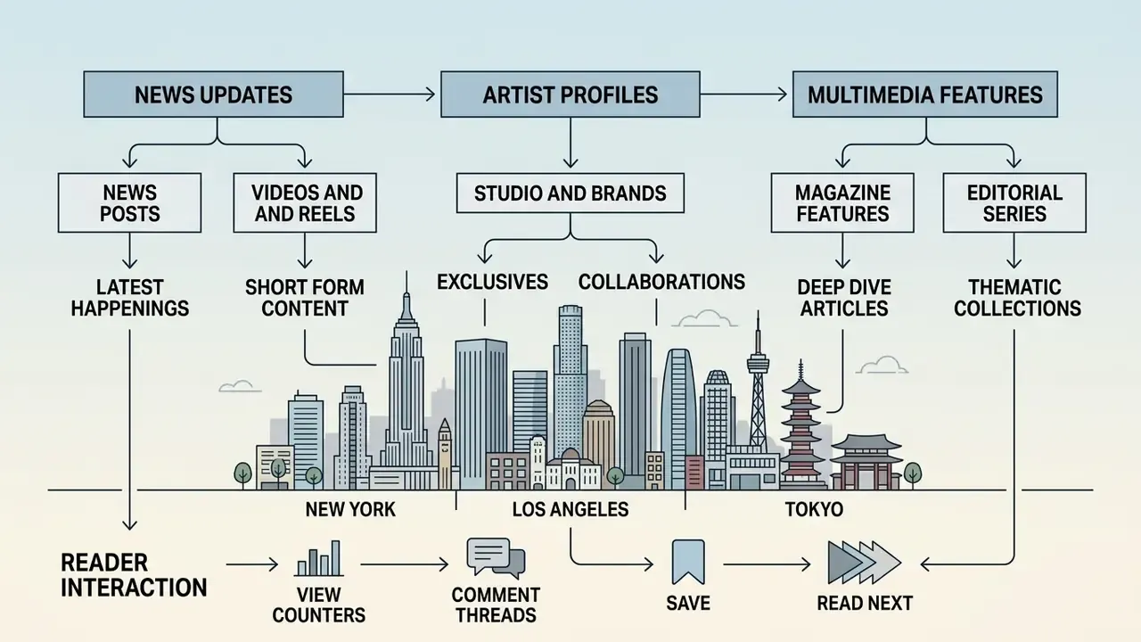 Hierarchical diagram mapping Hypeart content categories and reader interaction features over city skylines