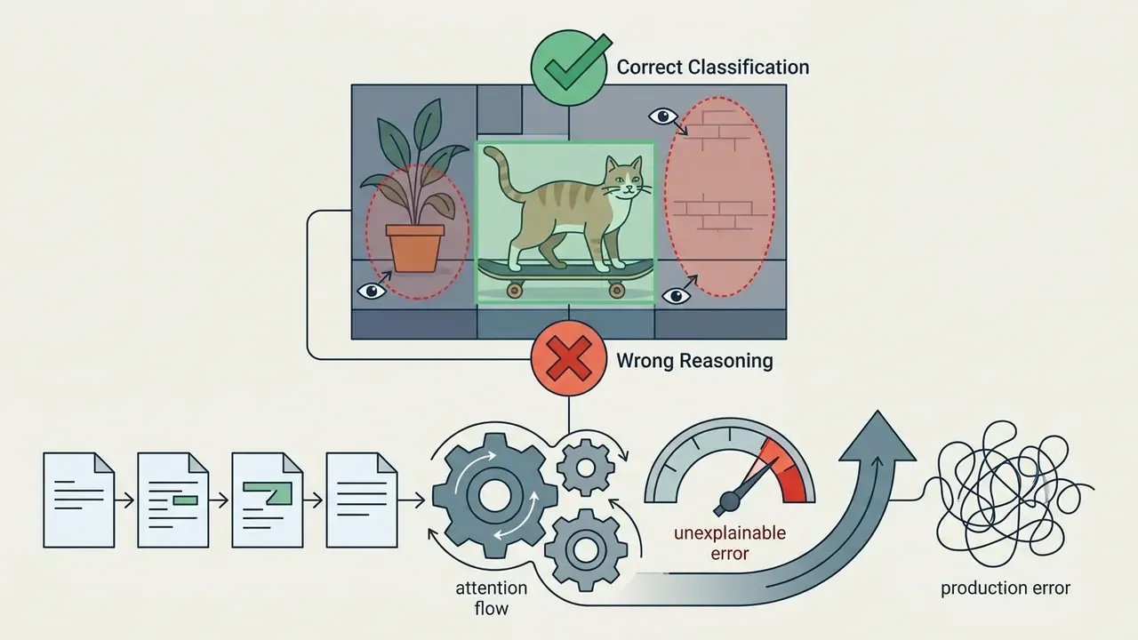 Cat on a skateboard image analyzed by gears and a gauge to show how wrong reasoning leads to production errors