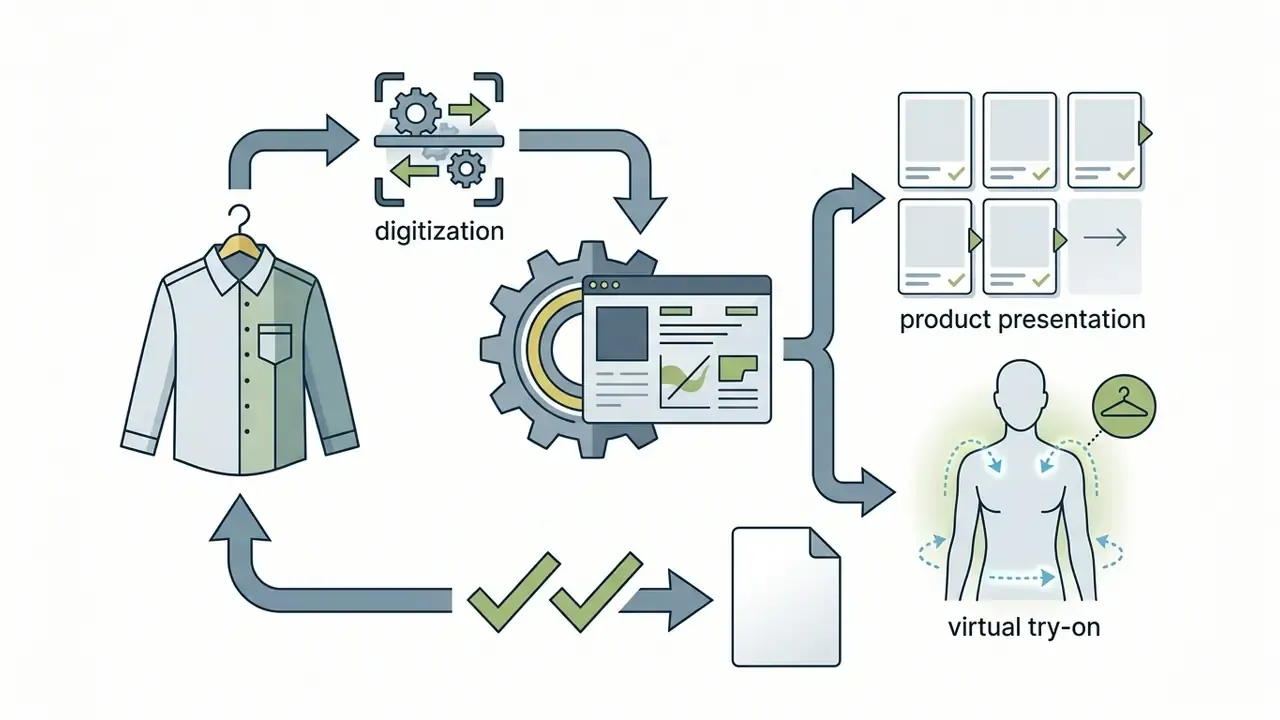 Workflow showing a shirt being digitized and processed into product presentation and virtual try-on assets