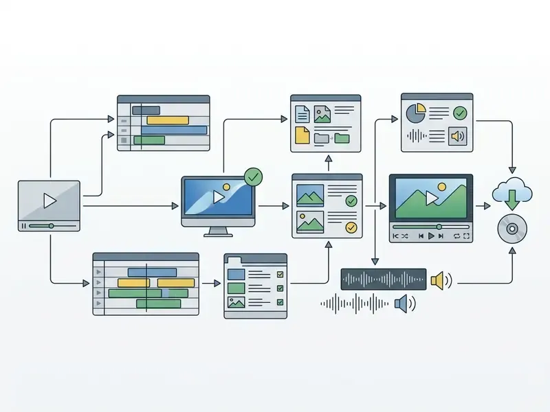Linear process diagram showing video creation steps from initial input to final rendering and download