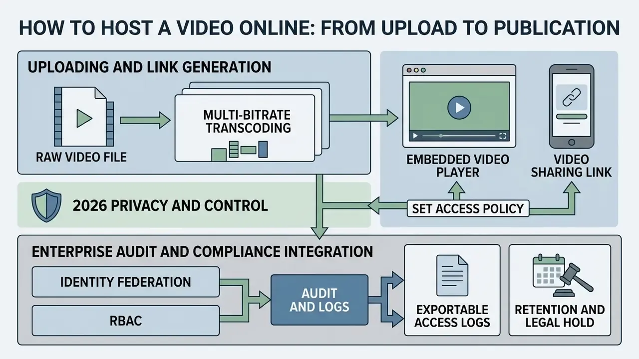 Diagram showing video file processing, access policy configuration, and enterprise compliance integration