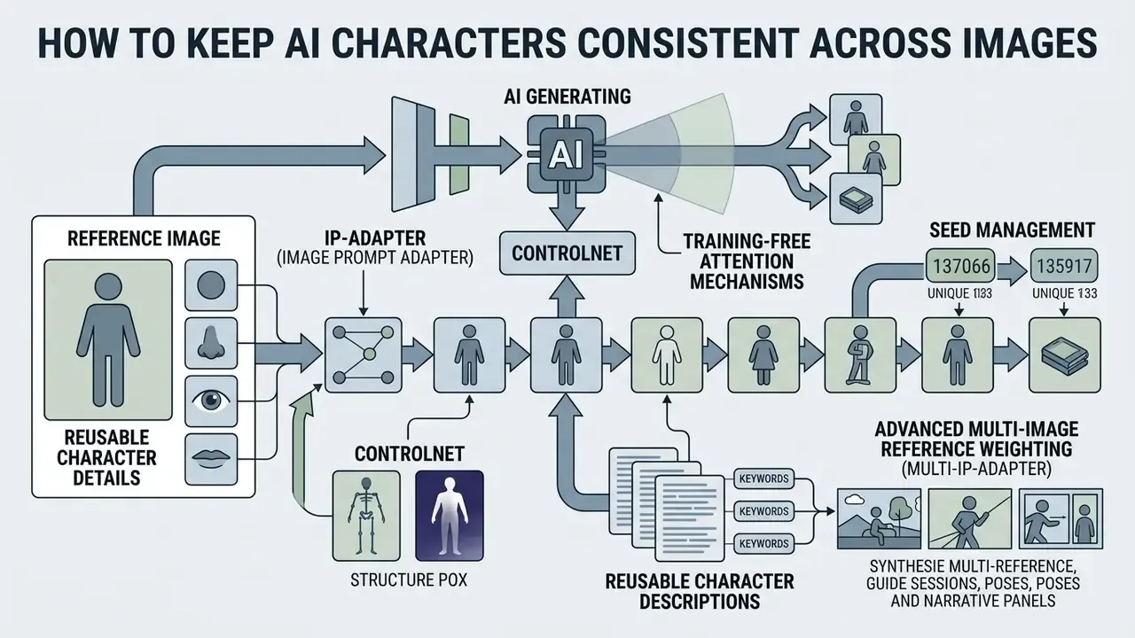 Flowchart showing technical methods like IP-Adapter and ControlNet to maintain character consistency