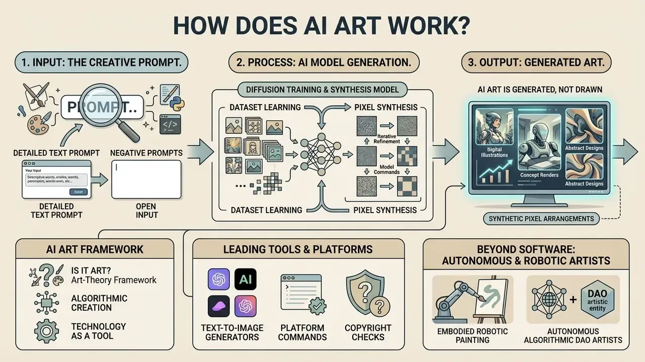 Infographic detailing how AI art generation transforms text prompts into synthetic pixel arrangements