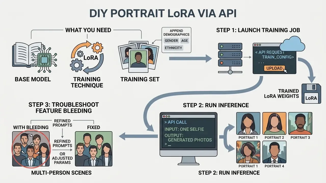 Flowchart showing the technical steps to train a custom LoRA model and run inference via API