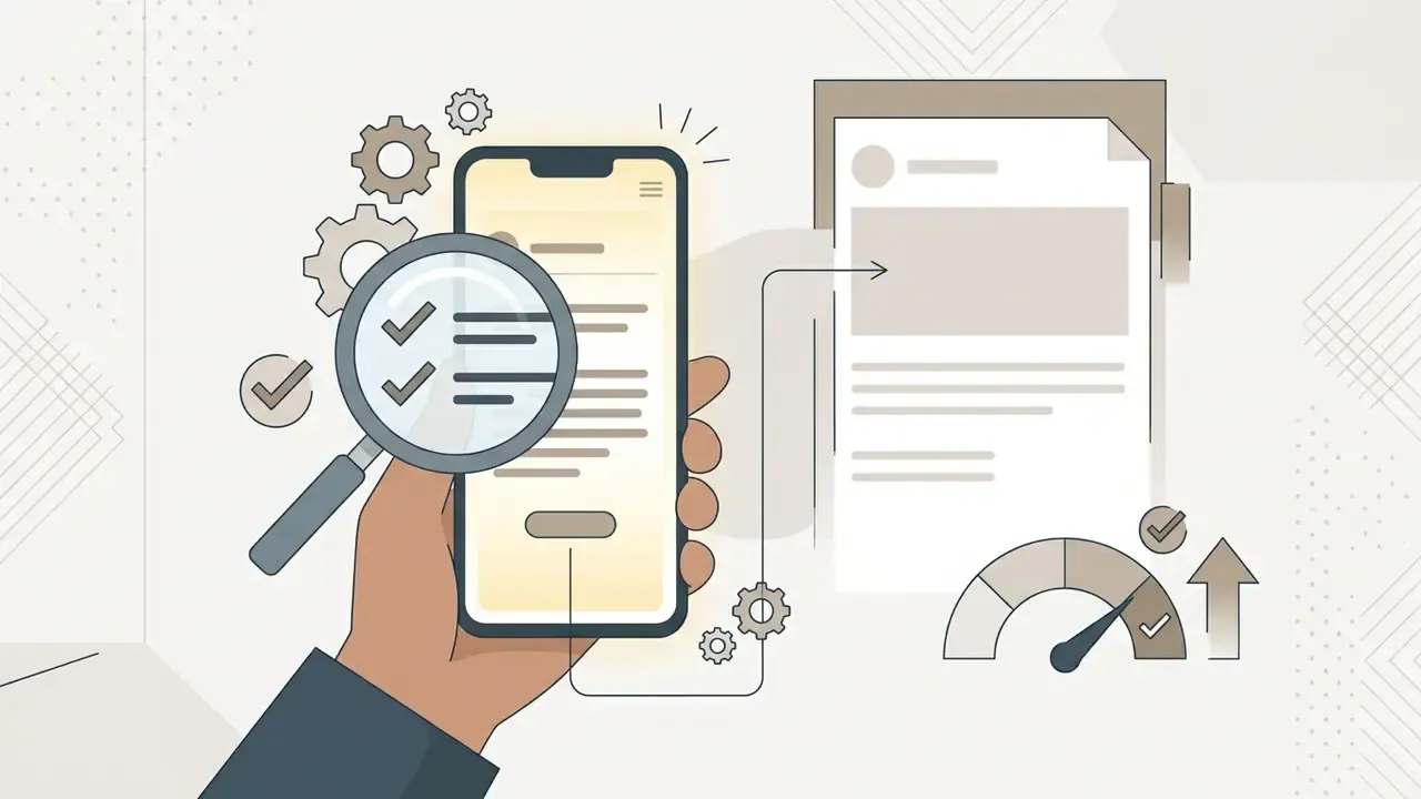 Hand holding a smartphone with a magnifying glass over a checklist next to a document and speedometer