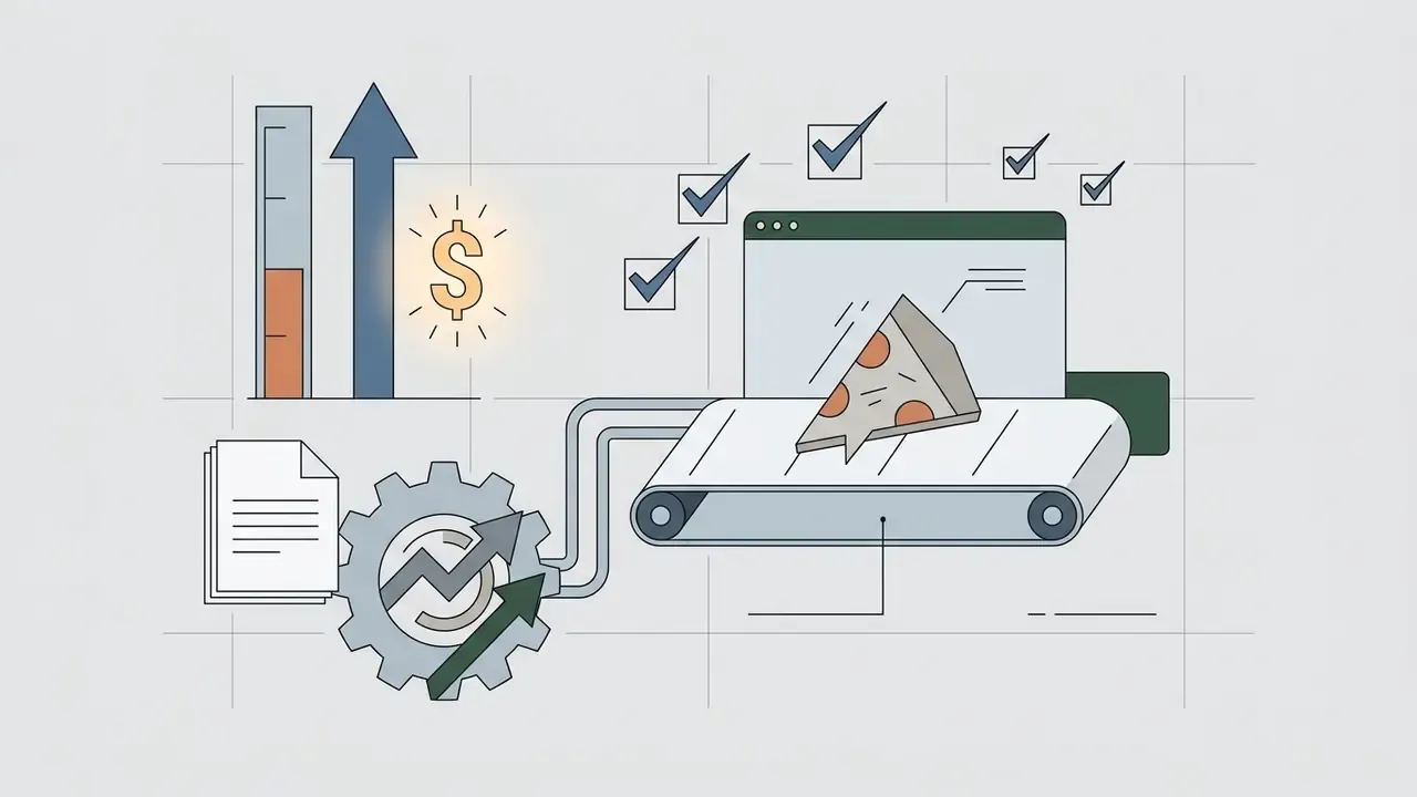 Gear and conveyor belt system producing a slice of pizza alongside rising profit and checkmark icons