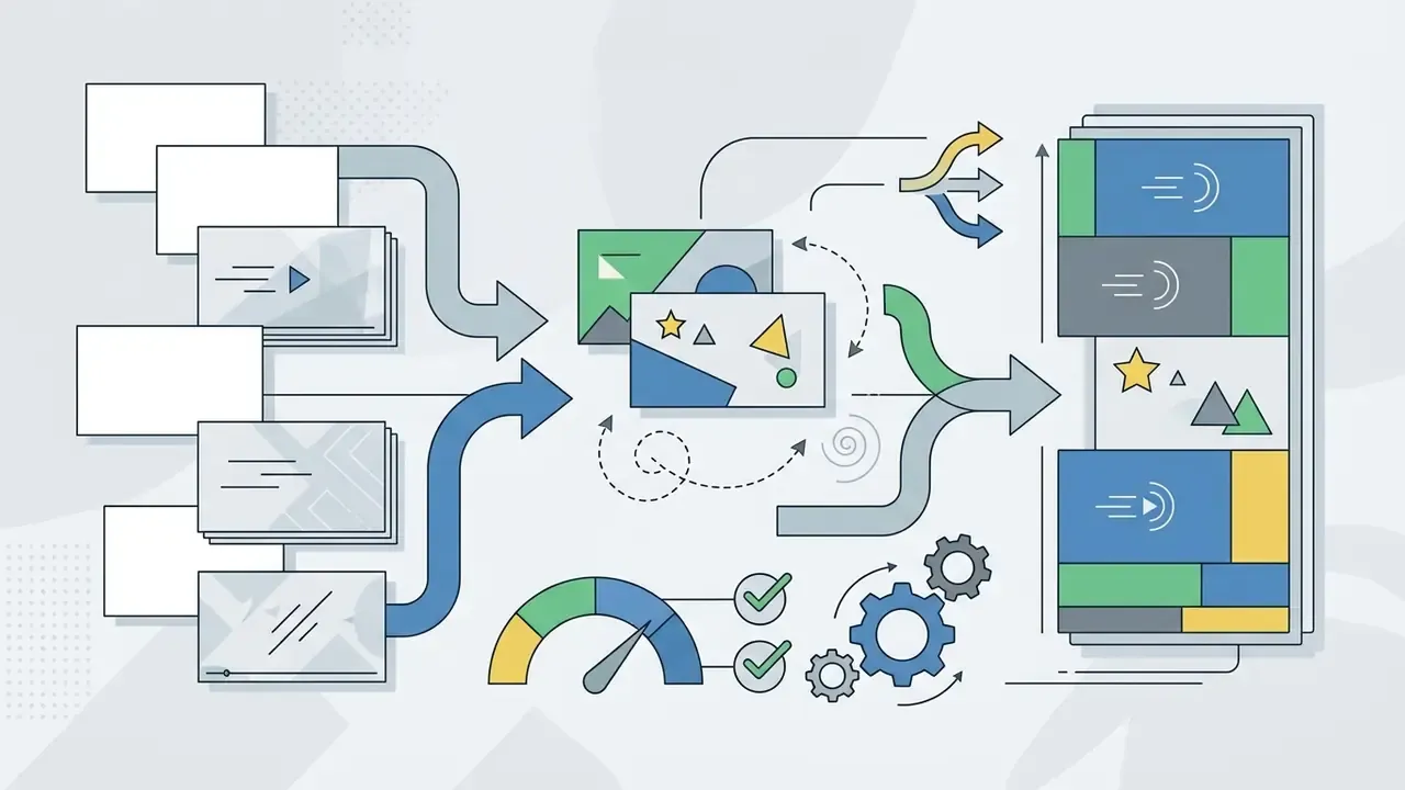 Multiple graphic layers and video clips merging into a single composition with speed and quality controls
