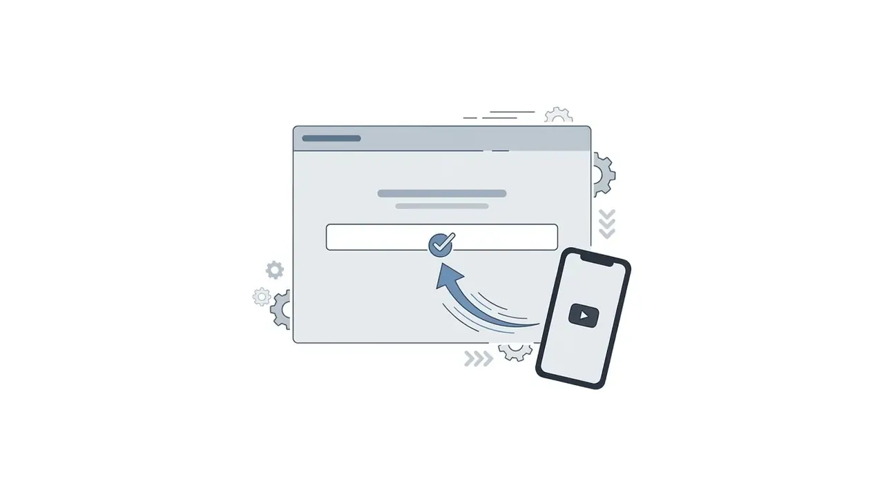 Arrow pointing from a mobile phone to a browser input field with a checkmark icon