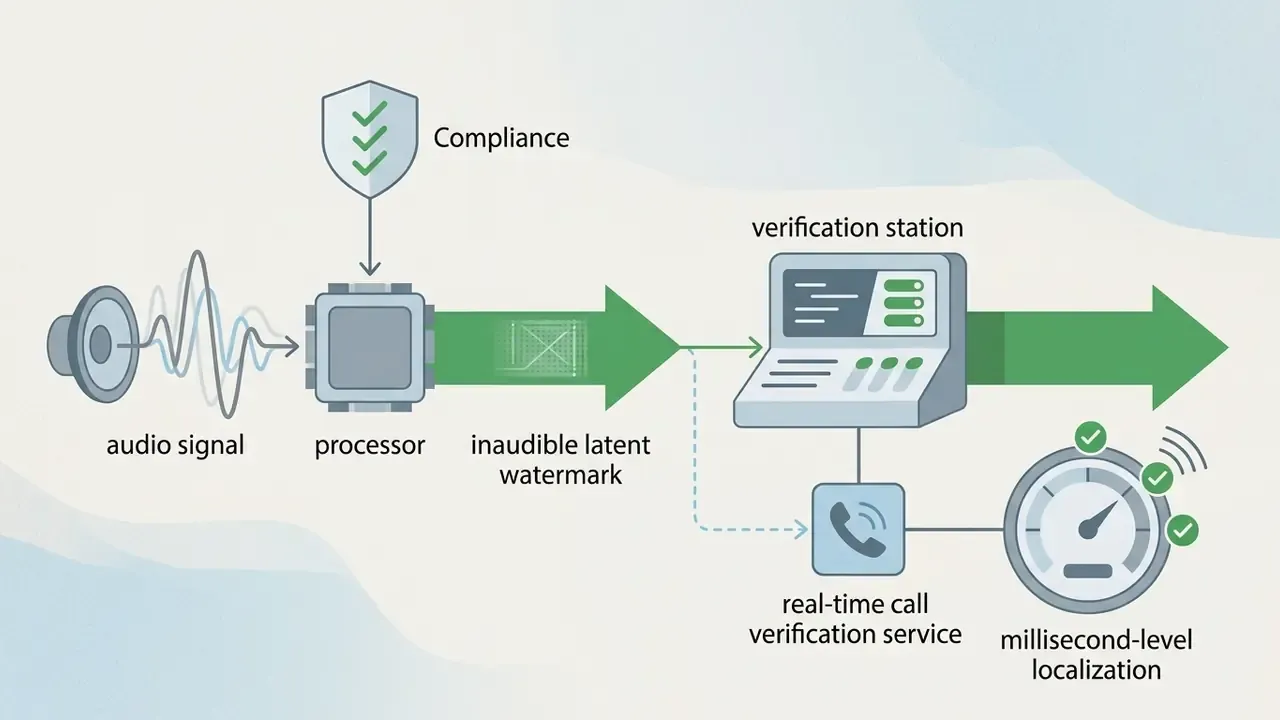 Audio signal processed with a compliance watermark flowing into a verification station and call service