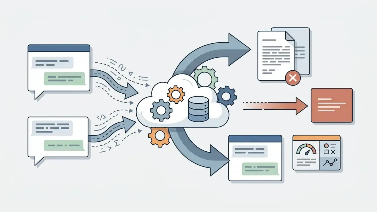 Conversation inputs flowing into a cloud database with gears that distribute data to documents and screens