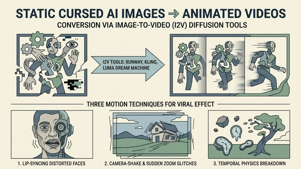 Diagram showing how I2V tools transform static visuals into animations using three specific motion effects