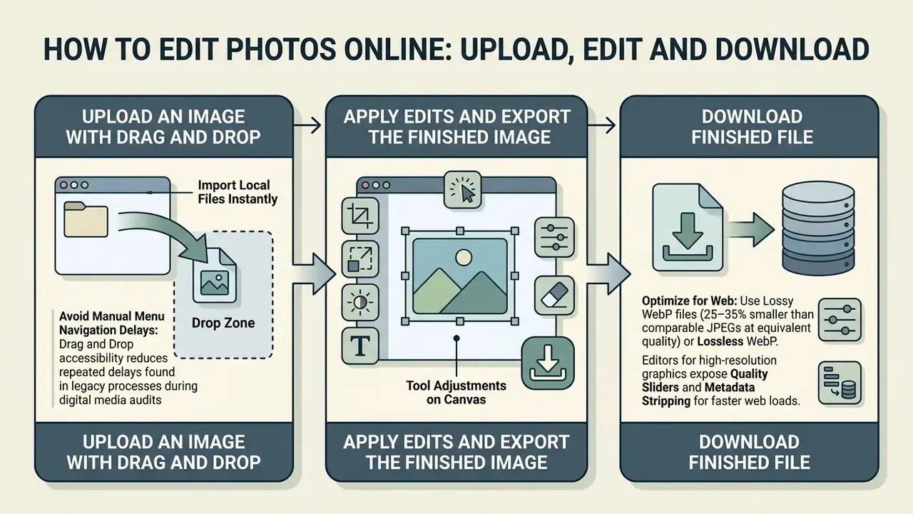 Flowchart showing drag and drop file uploads, canvas tool adjustments, and final web file downloads