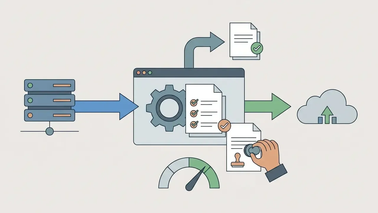 Data flowing from a server through a processing window to a cloud with document review and stamping
