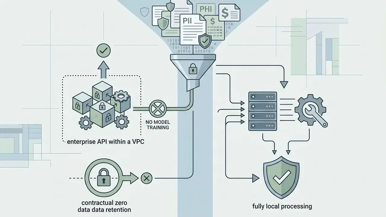 Regulated documents flowing through a secure funnel into either an enterprise API or local processing