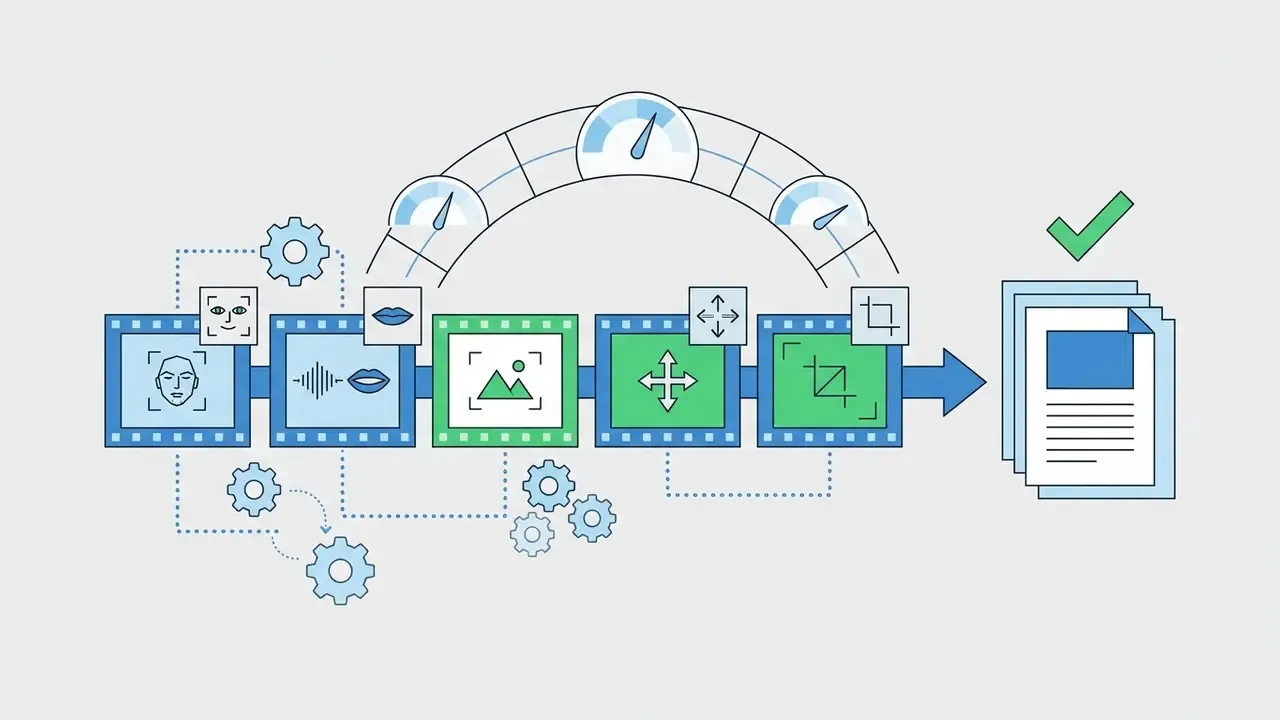 Sequence of video processing steps including face, speech, and image analysis leading to a finished document