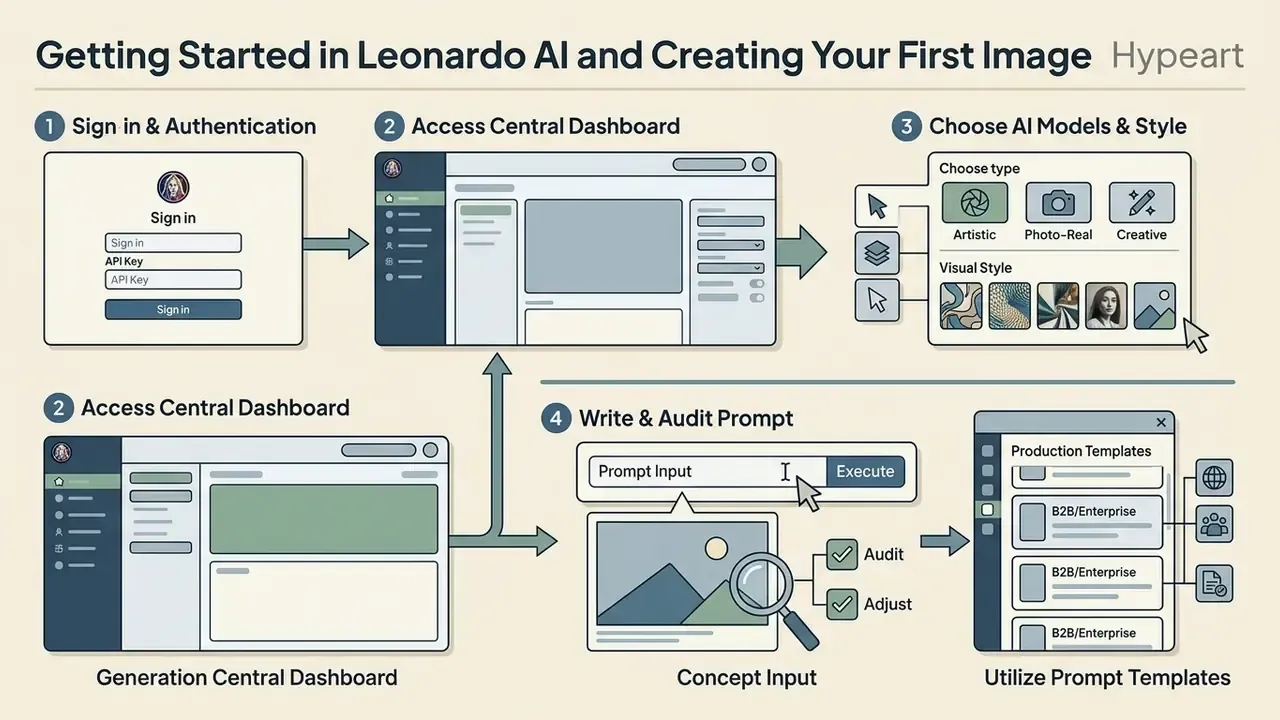 Step-by-step guide showing user authentication, dashboard access, model selection, and prompt auditing