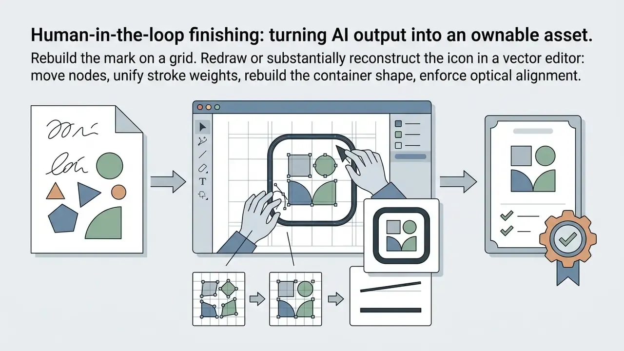 Hands using a vector editor to refine logo shapes on a grid before finalizing the design as an asset