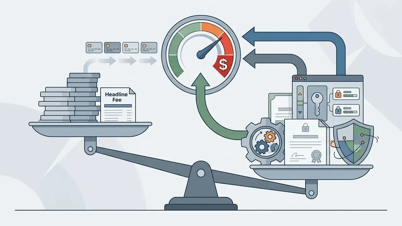 Balance scale weighing headline fees against enterprise security features and governance controls