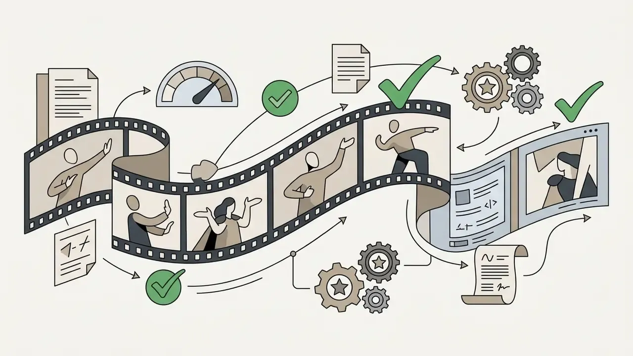 Film strip showing character movements connected to document icons, gear mechanisms, and checkmarks