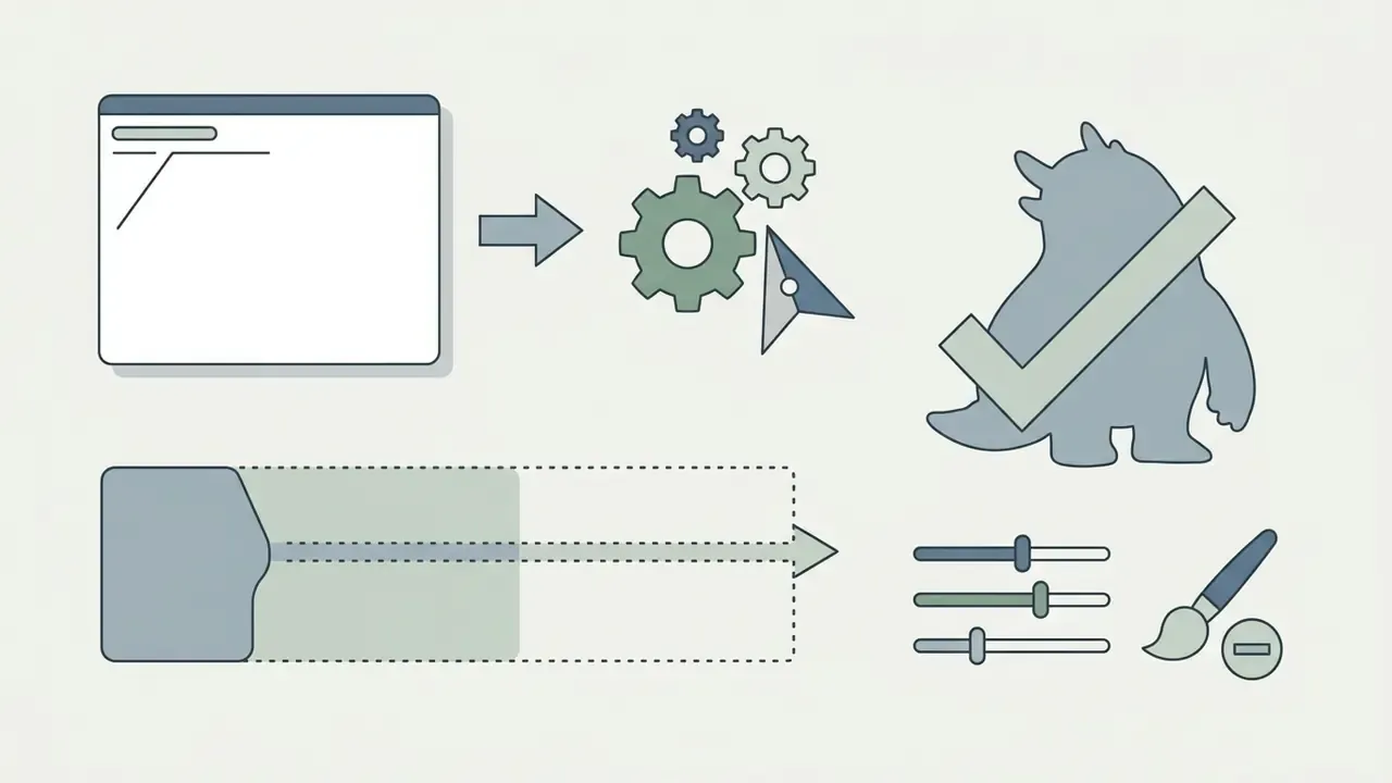 Browser window, gears, monster silhouette with checkmark, and sliders representing creative refinement