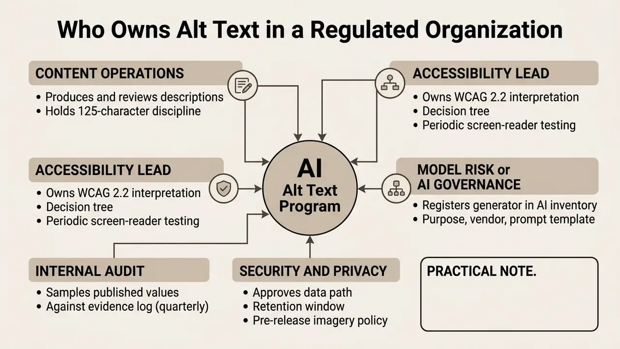 Diagram showing organizational roles like content operations and audit contributing to an AI alt text program