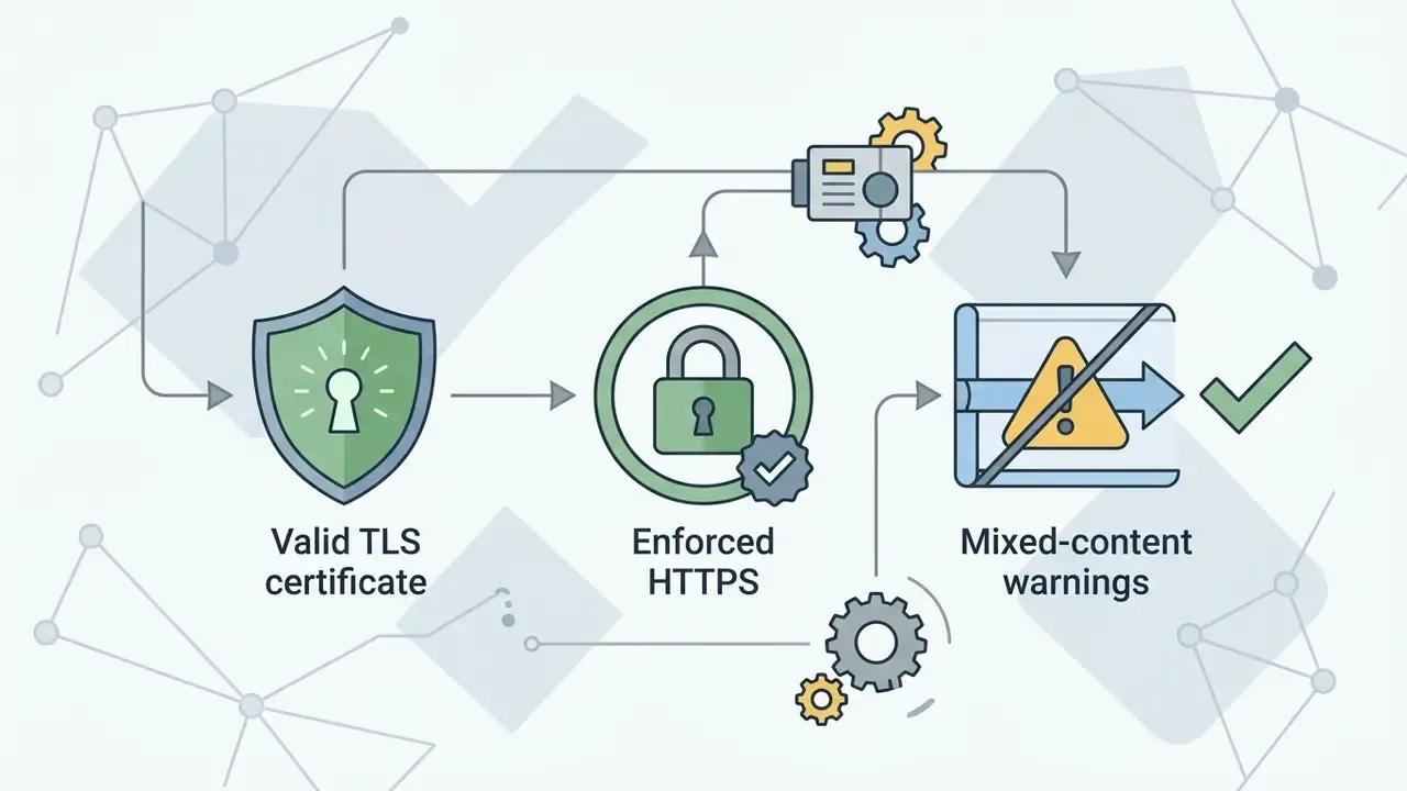 Icons representing TLS certificates, HTTPS enforcement, and the absence of mixed-content warnings