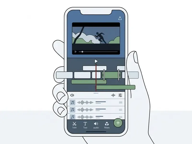 Smartphone screen displaying a video editing timeline with audio tracks and trimming tools