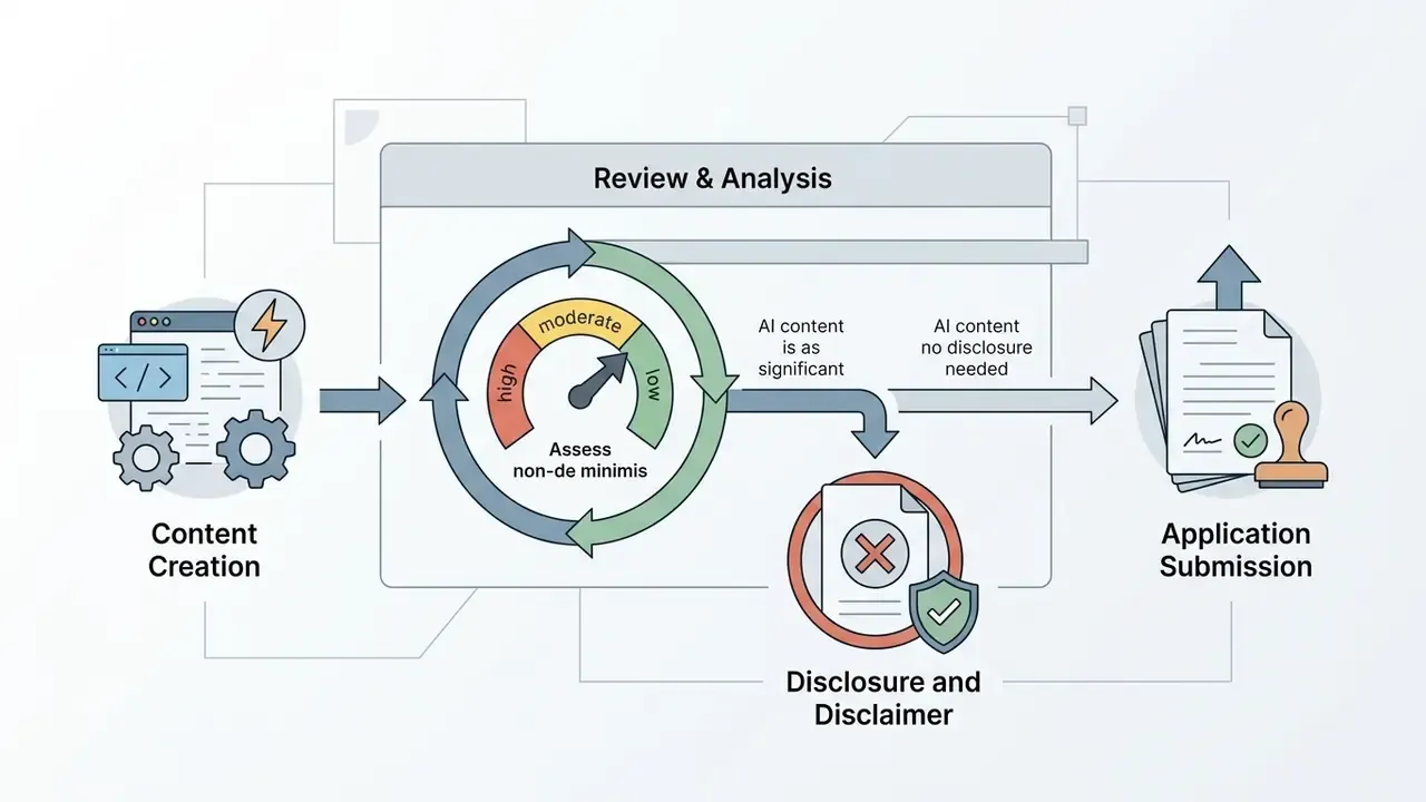 Workflow graphic showing content creation, analysis of AI significance, and final application submission