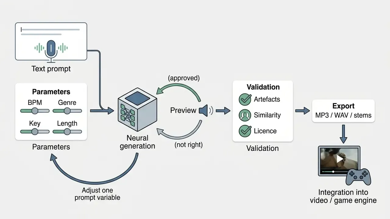 Workflow diagram showing how an AI music creator processes prompts, parameters, and validation for export