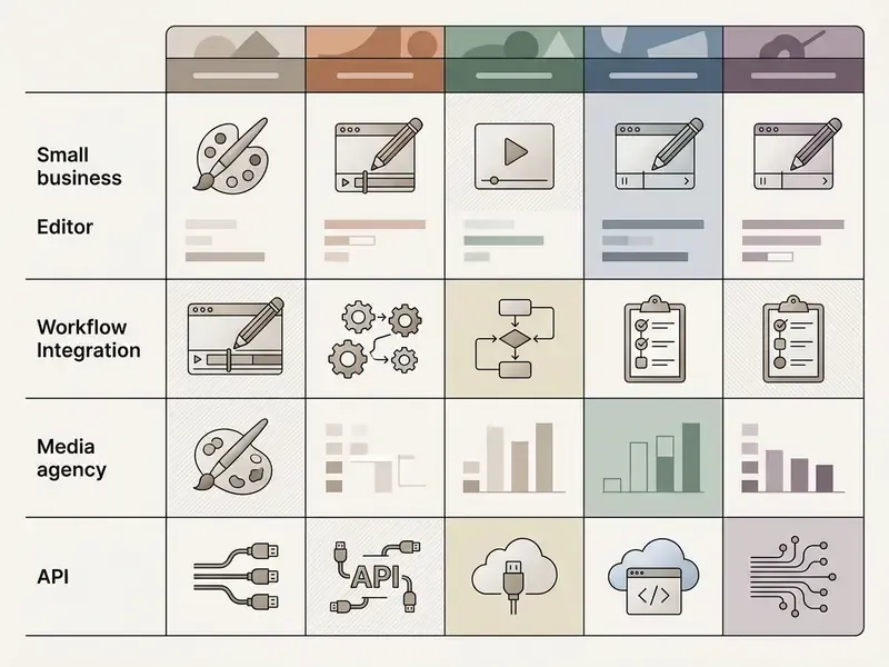 Matrix of business scenarios and tool features represented by icons for editing, workflow, and connectivity