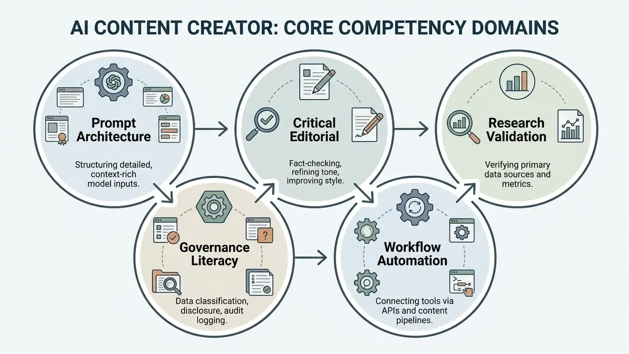 Five interconnected circles detailing prompt architecture, editorial, research, governance, and automation