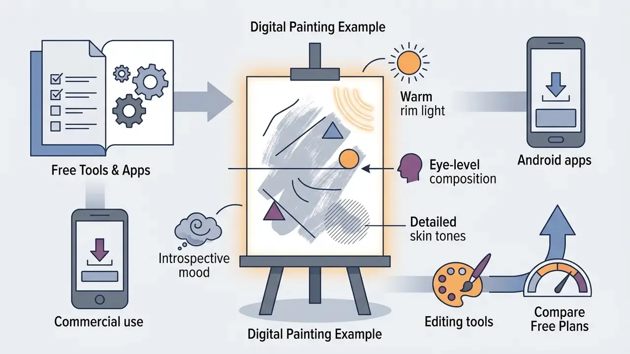 Central easel displaying digital painting elements connected to mobile apps, editing tools, and plan comparisons