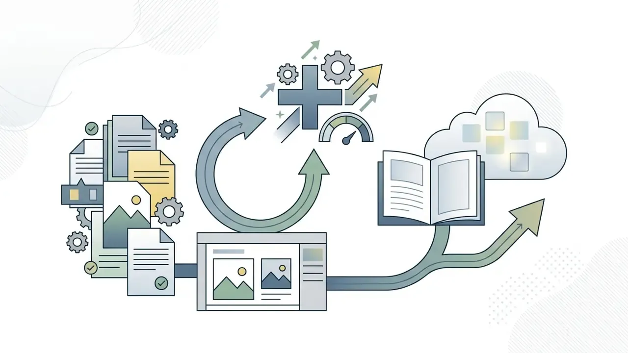 Digital workflow showing file organization, image processing, cloud storage, and memory album creation