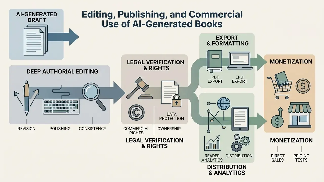 Workflow steps from draft editing and legal verification to file export, distribution, and monetization