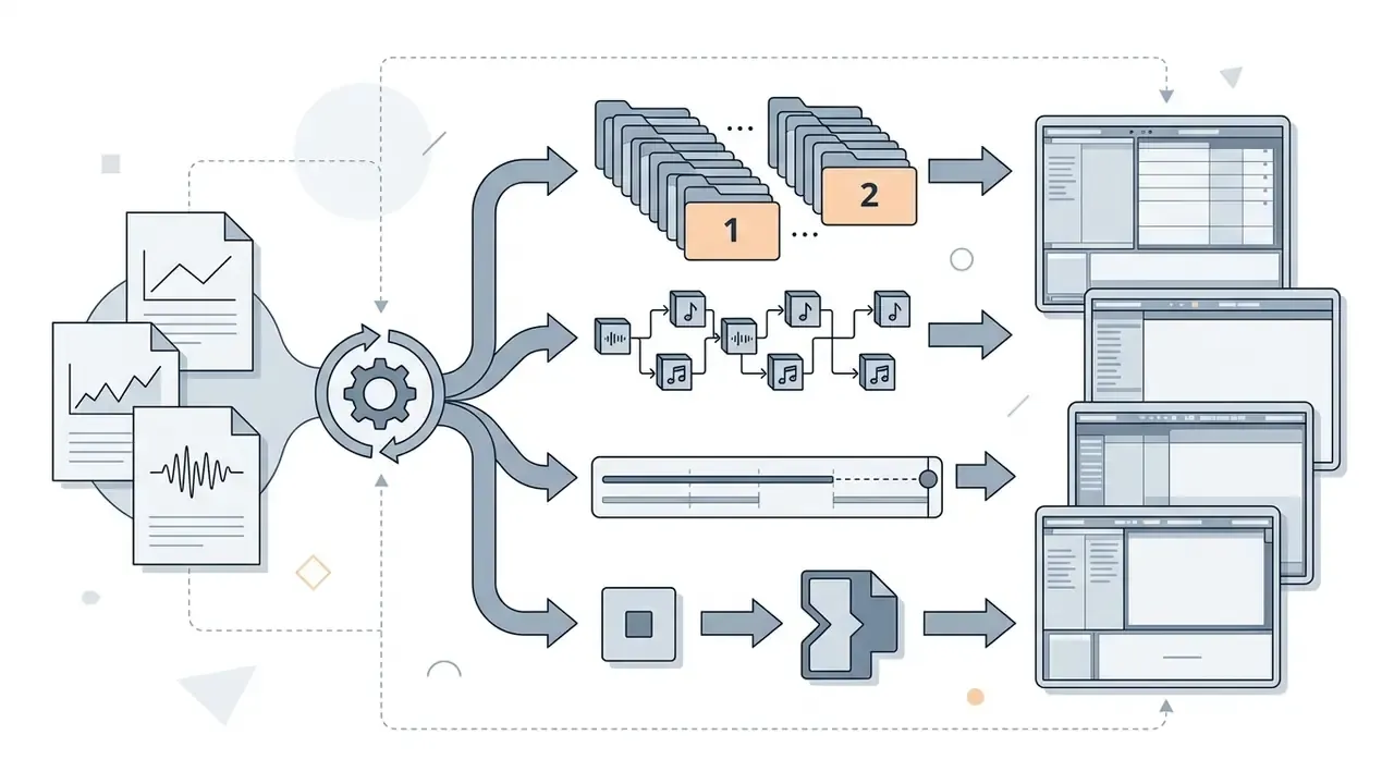 Diagram showing audio data being processed into stems, MIDI, and file formats for digital audio workstations