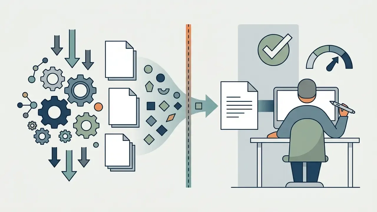 Automated gears processing documents into a refined stream passing through a gate to a human editor