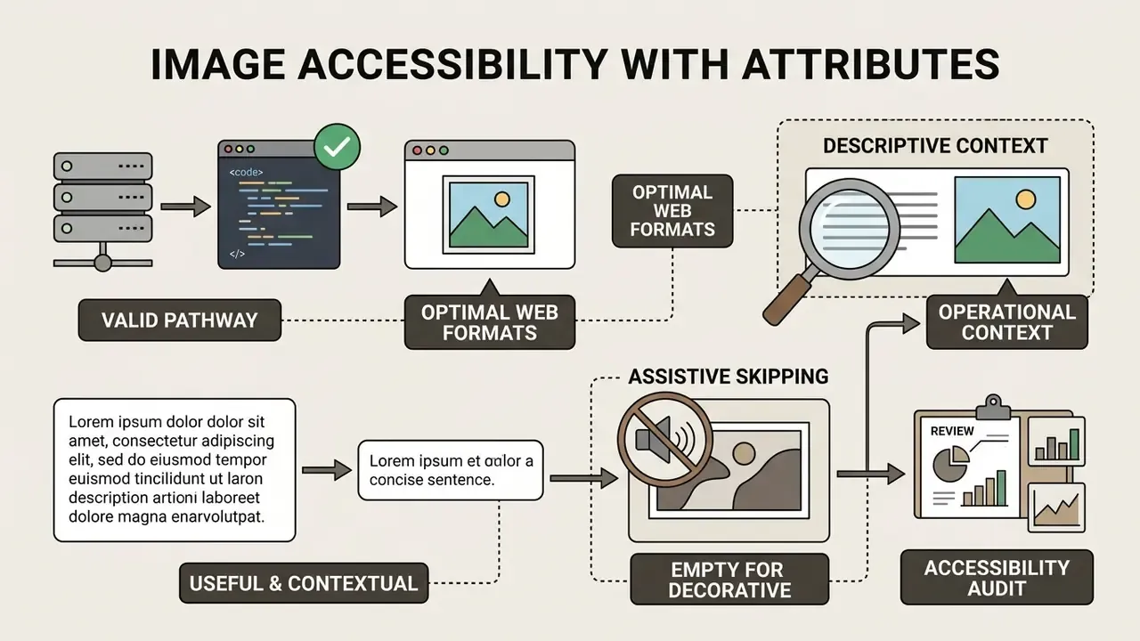 Flowchart showing steps for image accessibility including file paths, descriptive text, and empty alt tags