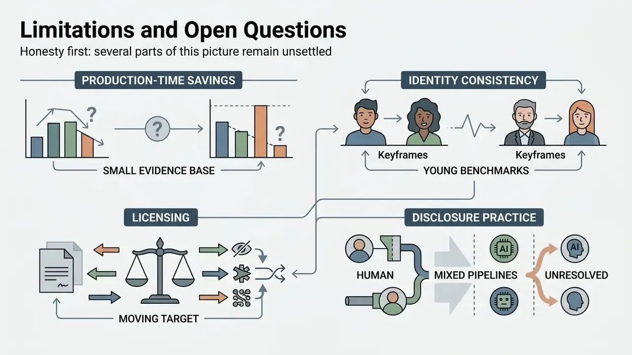 Four sections showing challenges regarding production savings, identity consistency, licensing, and disclosure
